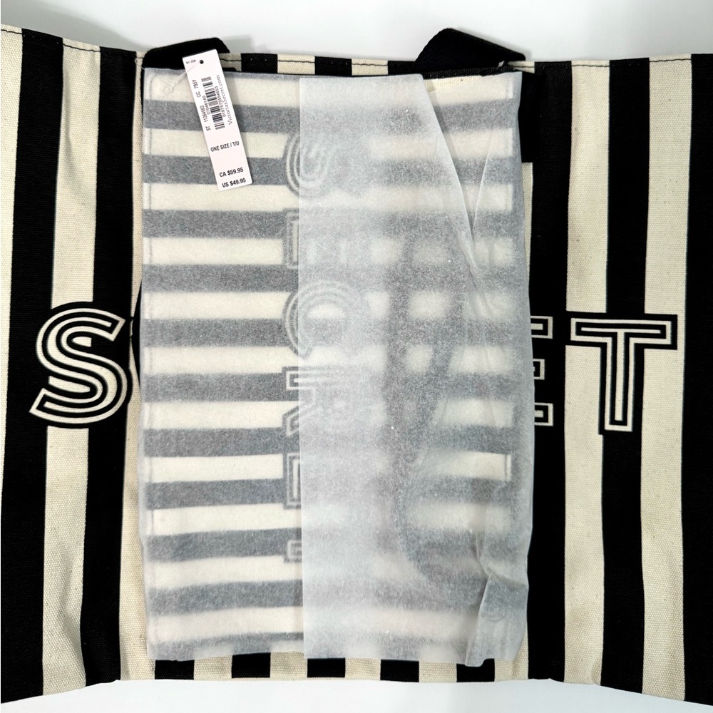 Victoria's Secret Logo Canvas Tote Bag & Wristlet - Black & White Stripes - Picture 8 of 8